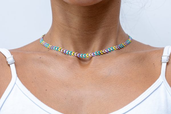 Eternos Acessórios - Colar Feminino Chocker Escama de Peixe Colorida Aço inox 