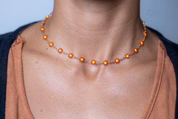 Eternos Acessórios - Colar feminino Chocker Dourado Margarida Vermelha aço inox ouro18k