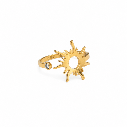 Anel Feminino Sol e Cristal Dourado em Aço Inoxidável 316L