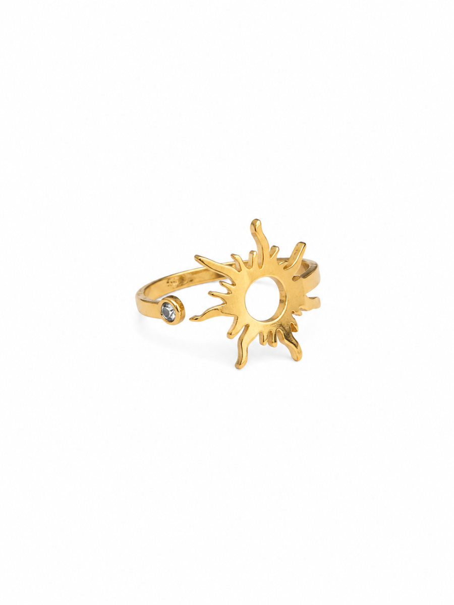 Eternos Acessórios - Anel Feminino Sol e Cristal Dourado em Aço Inoxidável 316L