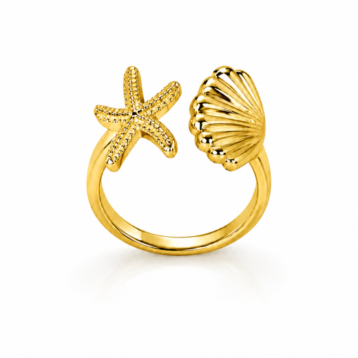 Anel Feminino Concha e Estrela do Mar Dourado em Aço Inoxidável 316L