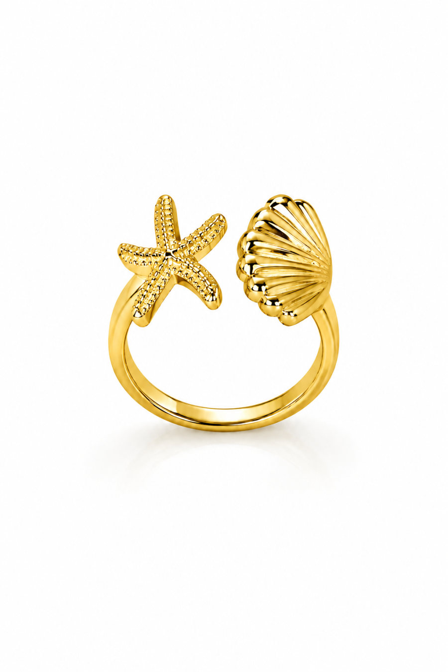 Eternos Acessórios - Anel Feminino Concha e Estrela do Mar Dourado em Aço Inoxidável 316L