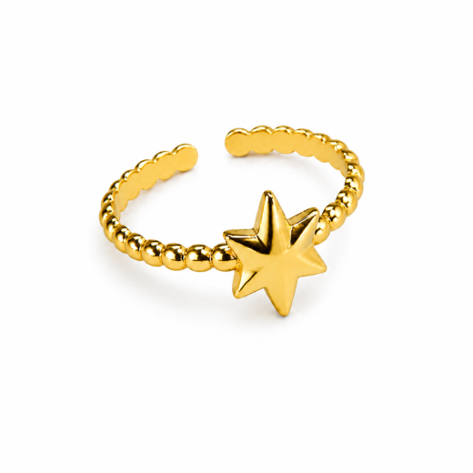 Anel Feminino Estrela Regulável Dourado em Aço Inox 316L