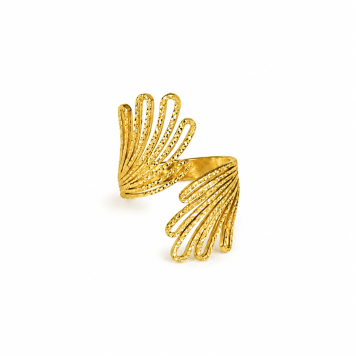 Anel Feminino Leque Diamantado Dourado Regulável em Aço Inox 316L