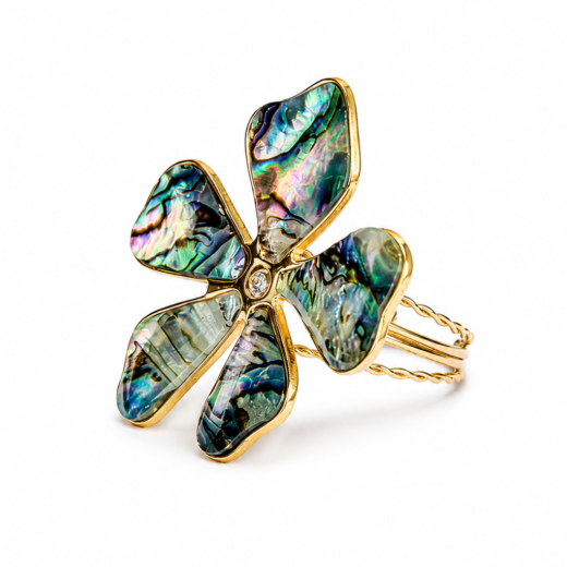 Anel Feminino Flor de Abalone Dourado Regulável em Aço Inox 316L