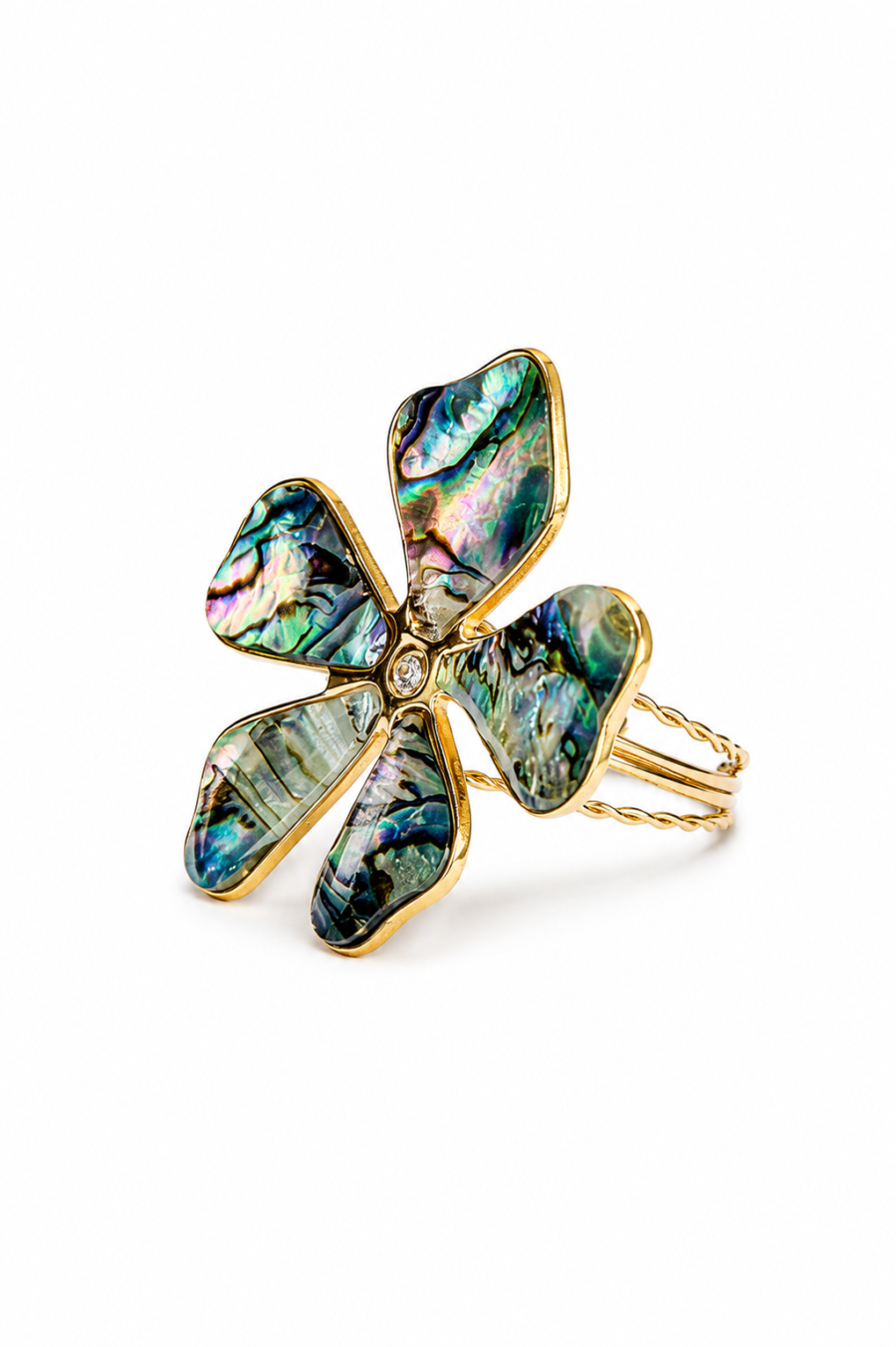 Eternos Acessórios - Anel Feminino Flor de Abalone Dourado Regulável em Aço Inox 316L