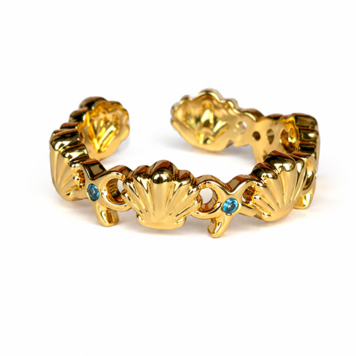 Anel Feminino Concha e Estrela do Mar com Pedra Azul Dourado Regulável em Aço Inox 316L