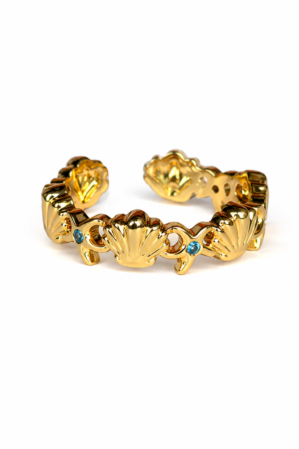 Eternos Acessórios - Anel Feminino Concha e Estrela do Mar com Pedra Azul Dourado Regulável em Aço Inox 316L