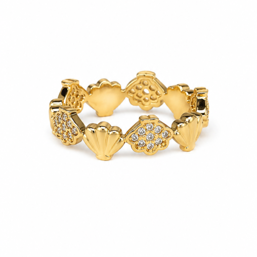 Anel Feminino Conchas Cravejadas Regulável Dourado em Aço Inox 316L
