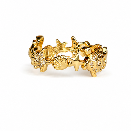 Anel Feminino Animais Marinhos Cravejado Dourado Regulável em Aço Inox 316L