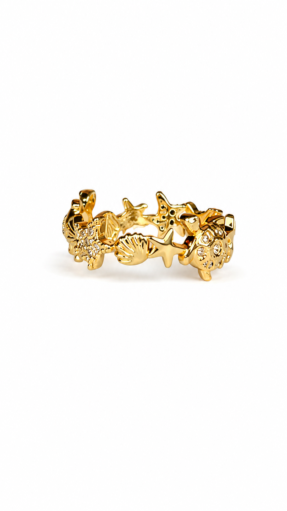 Eternos Acessórios - Anel Feminino Animais Marinhos Cravejado Dourado Regulável em Aço Inox 316L