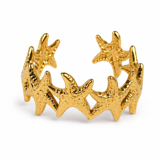 Anel Feminino Estrelinhas do Mar Regulável Dourado em Aço Inox 316L