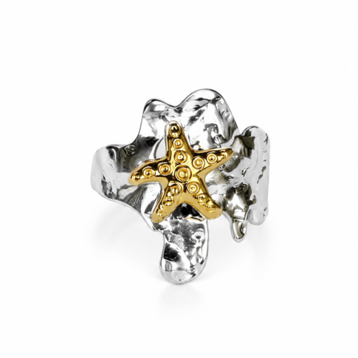 Anel Feminino Estrela do Mar Regulável em Aço Inox 316L e Dourado