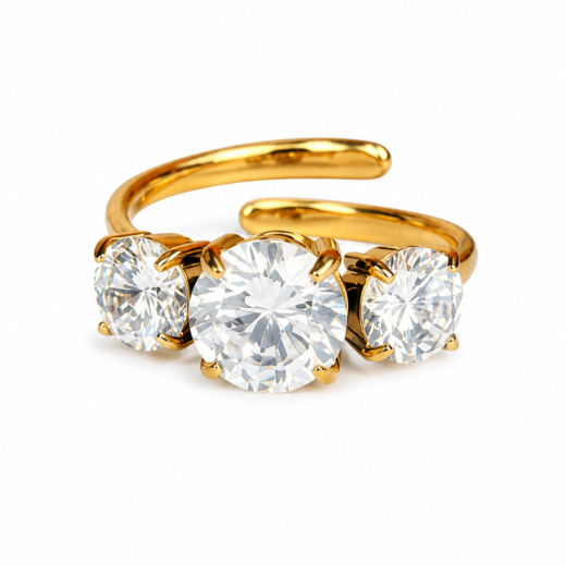 Anel Feminino Três Zircôneas Dourado Regulável em Aço Inox 316L