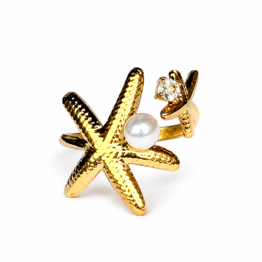 Anel Feminino Duas Estrelas com Pérola e Cristal Dourado Regulável em Aço Inox 316L