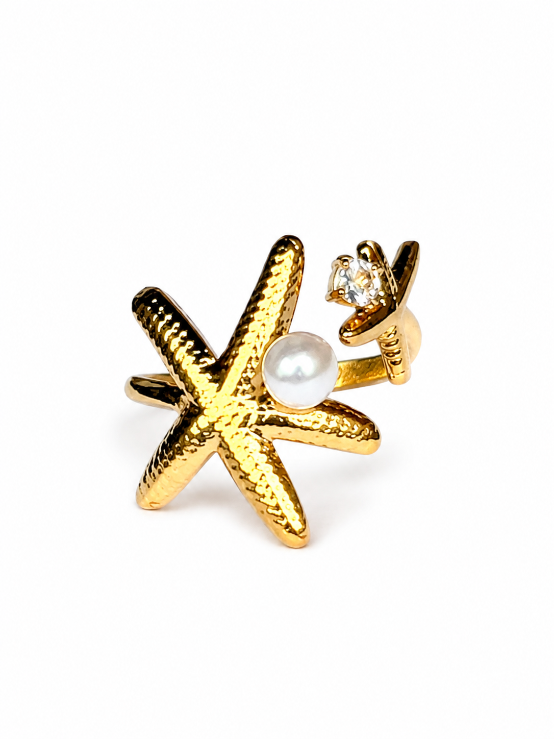 Eternos Acessórios - Anel Feminino Duas Estrelas com Pérola e Cristal Dourado Regulável em Aço Inox 316L