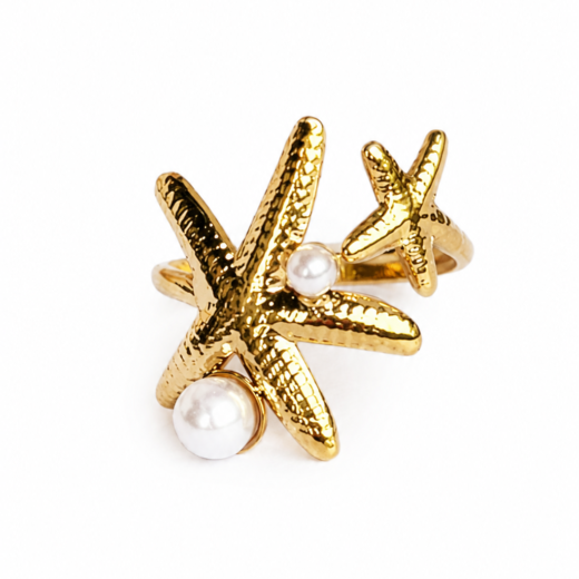 Anel Feminino Duas Estrelas com Duas Pérolas Dourado Regulável em Aço Inox 316L