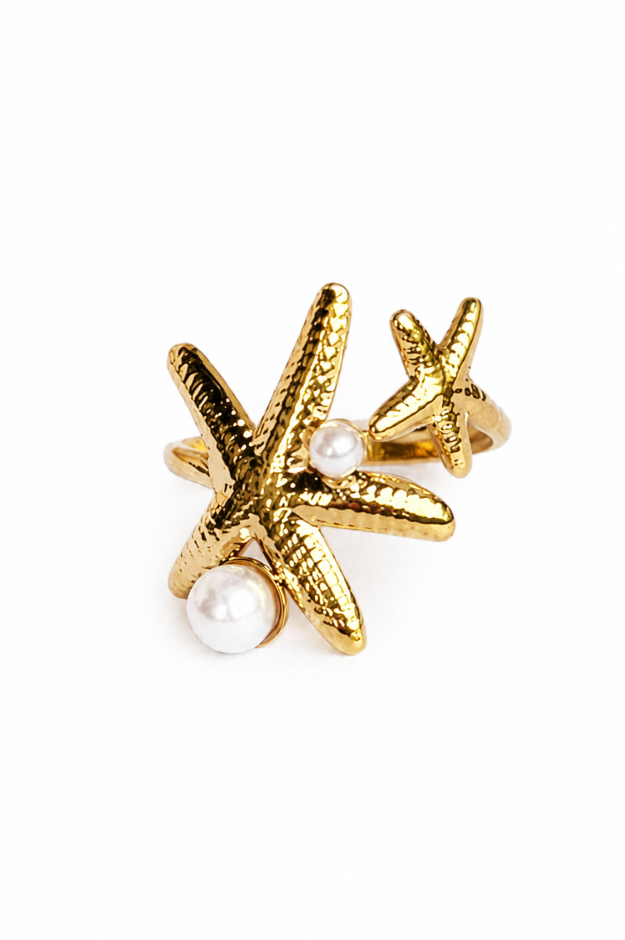 Eternos Acessórios - Anel Feminino Duas Estrelas com Duas Pérolas Dourado Regulável em Aço Inox 316L