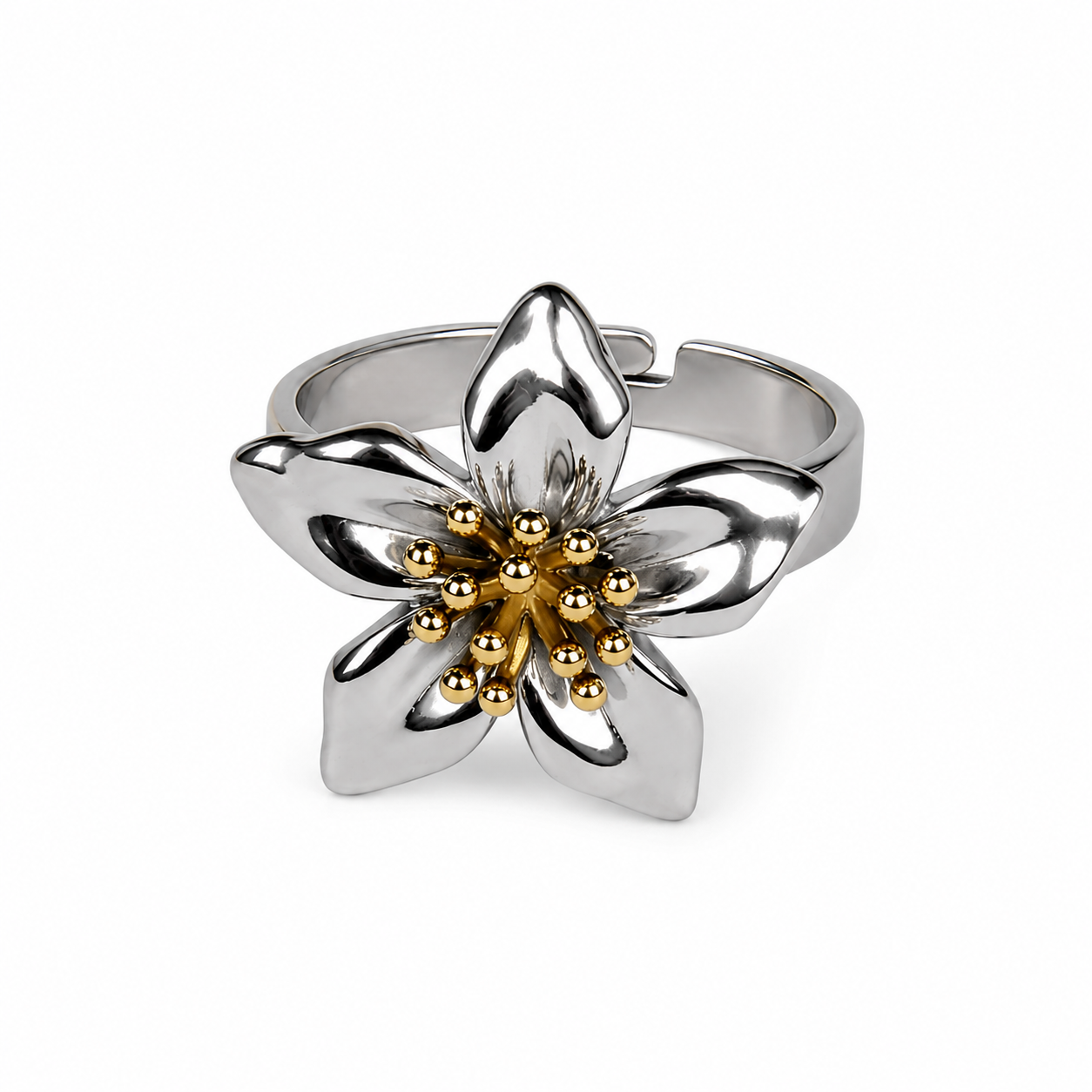 Eternos Acessórios - Anel Feminino Flor Dourado Regulável em Aço Inox 316L