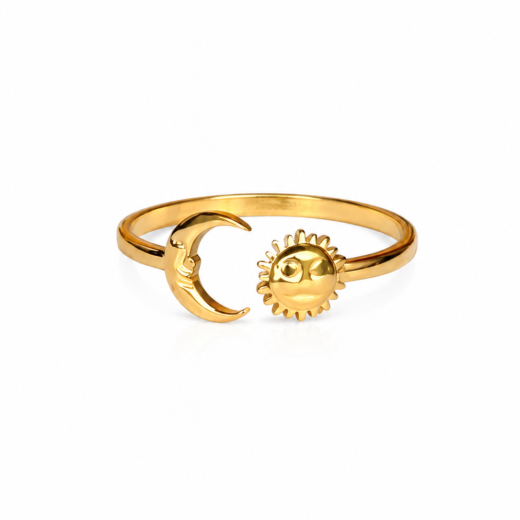 Anel Feminino Sol e Lua Regulável Dourado em Aço Inox 316L
