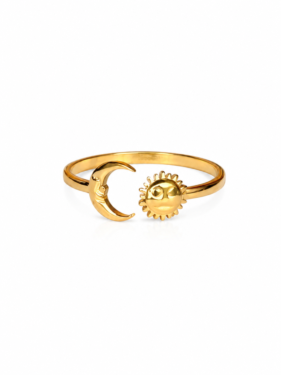 Eternos Acessórios - Anel Feminino Sol e Lua Regulável Dourado em Aço Inox 316L