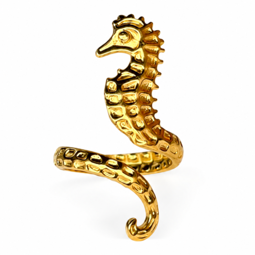 Anel Feminino Cavalo-Marinho Dourado Regulável em Aço Inox 316L