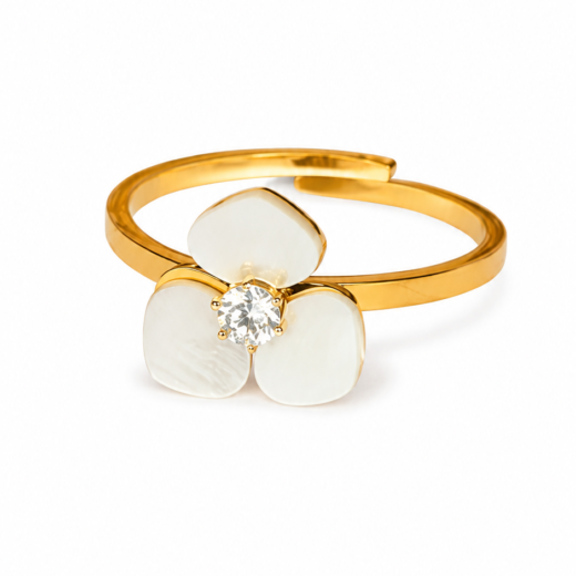 Anel Feminino Flor em Madrepérola Três Pétalas Dourado Regulável em Aço Inox 316L