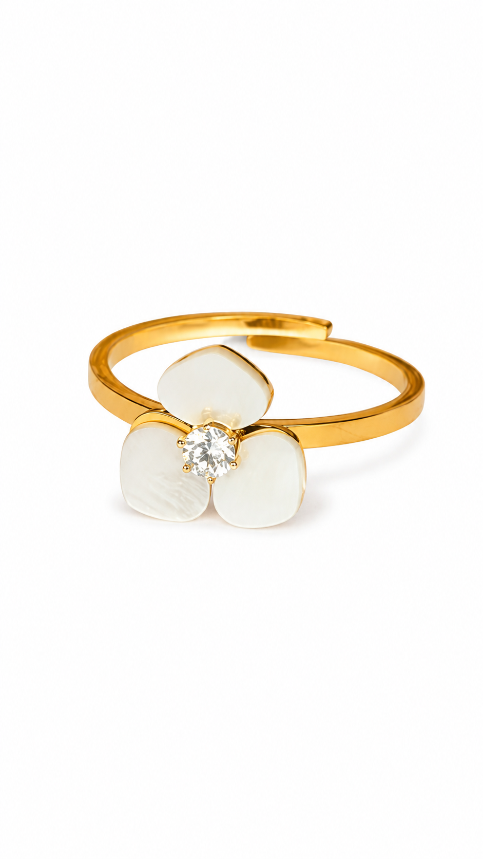 Eternos Acessórios - Anel Feminino Flor em Madrepérola Três Pétalas Dourado Regulável em Aço Inox 316L