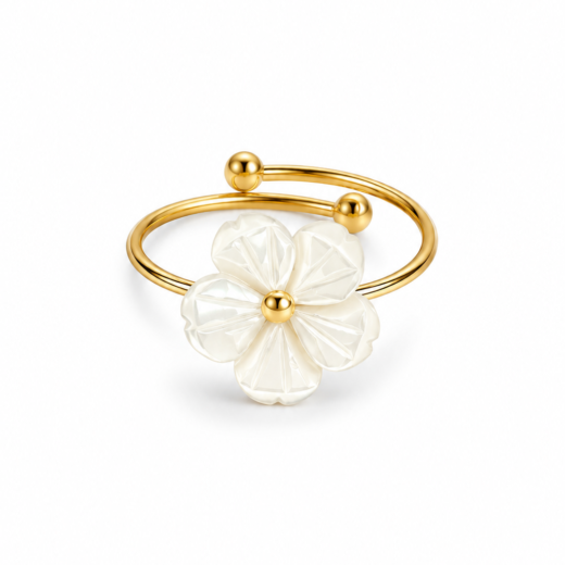 Anel Feminino Flor em Madrepérola Cinco Pétalas Dourado Regulável em Aço Inox 316L