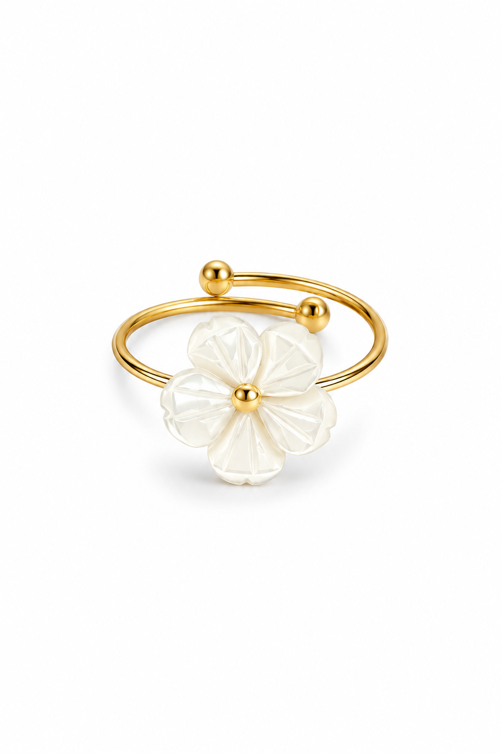 Eternos Acessórios - Anel Feminino Flor em Madrepérola Cinco Pétalas Dourado Regulável em Aço Inox 316L