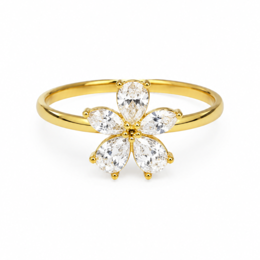 Anel Feminino Flor Cravejada Fina Dourado Regulável em Aço Inox 316L