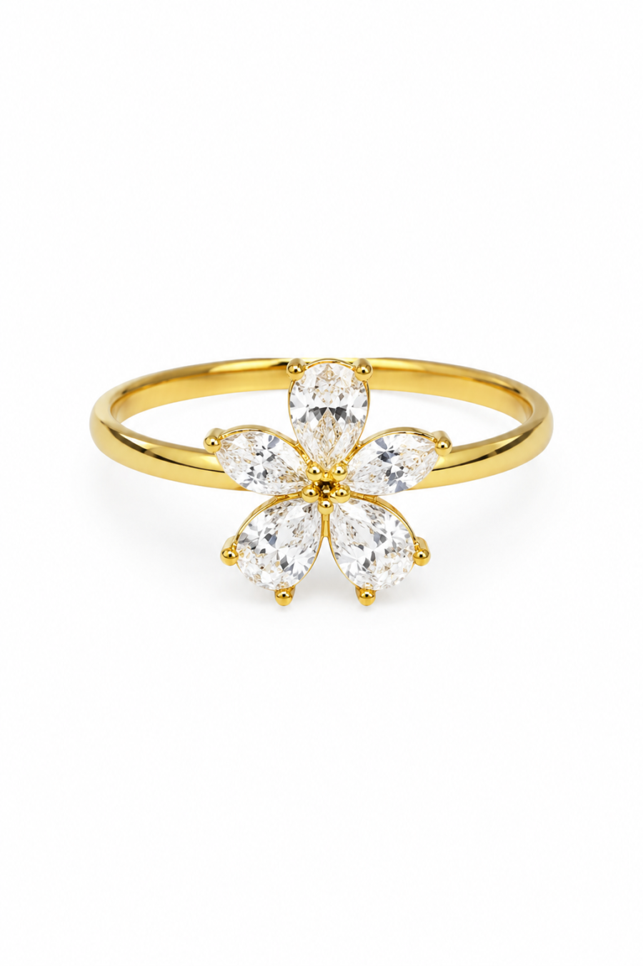 Eternos Acessórios - Anel Feminino Flor Cravejada Fina Dourado Regulável em Aço Inox 316L