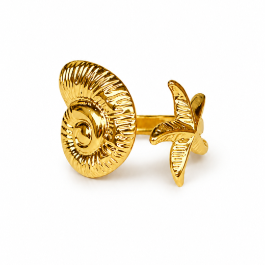 Anel Feminino Concha Caracol e Estrela Regulável Dourado em Aço Inox 316L