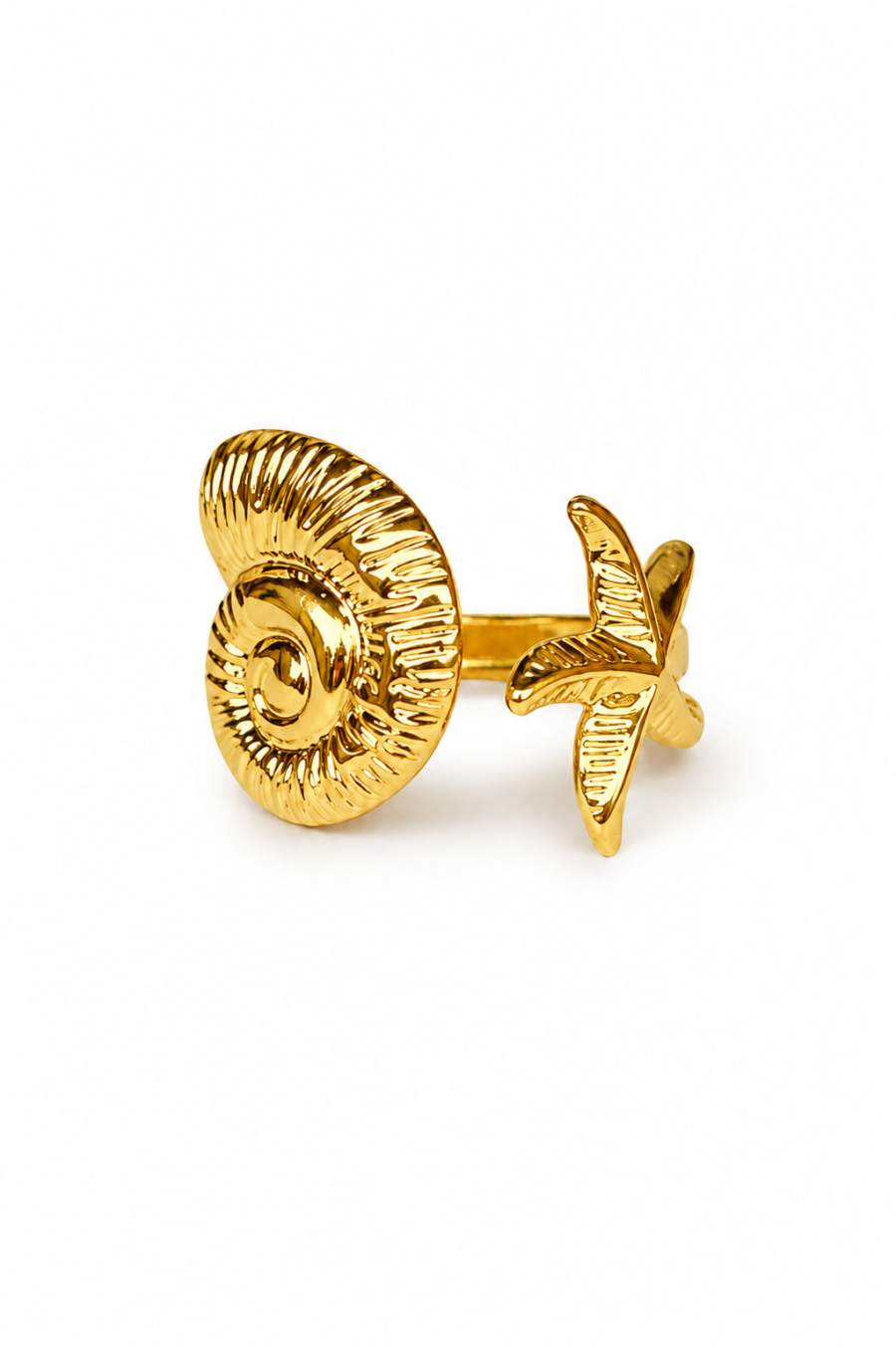 Eternos Acessórios - Anel Feminino Concha Caracol e Estrela Regulável Dourado em Aço Inox 316L