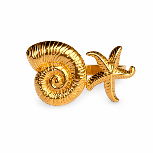 Anel Feminino Concha Caracol e Estrela Topo Reto Regulável Dourado em Aço Inox 316L