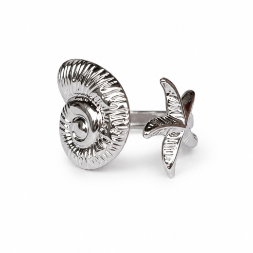 Anel Feminino Concha Caracol e Estrela Regulável em Aço Inox 316L