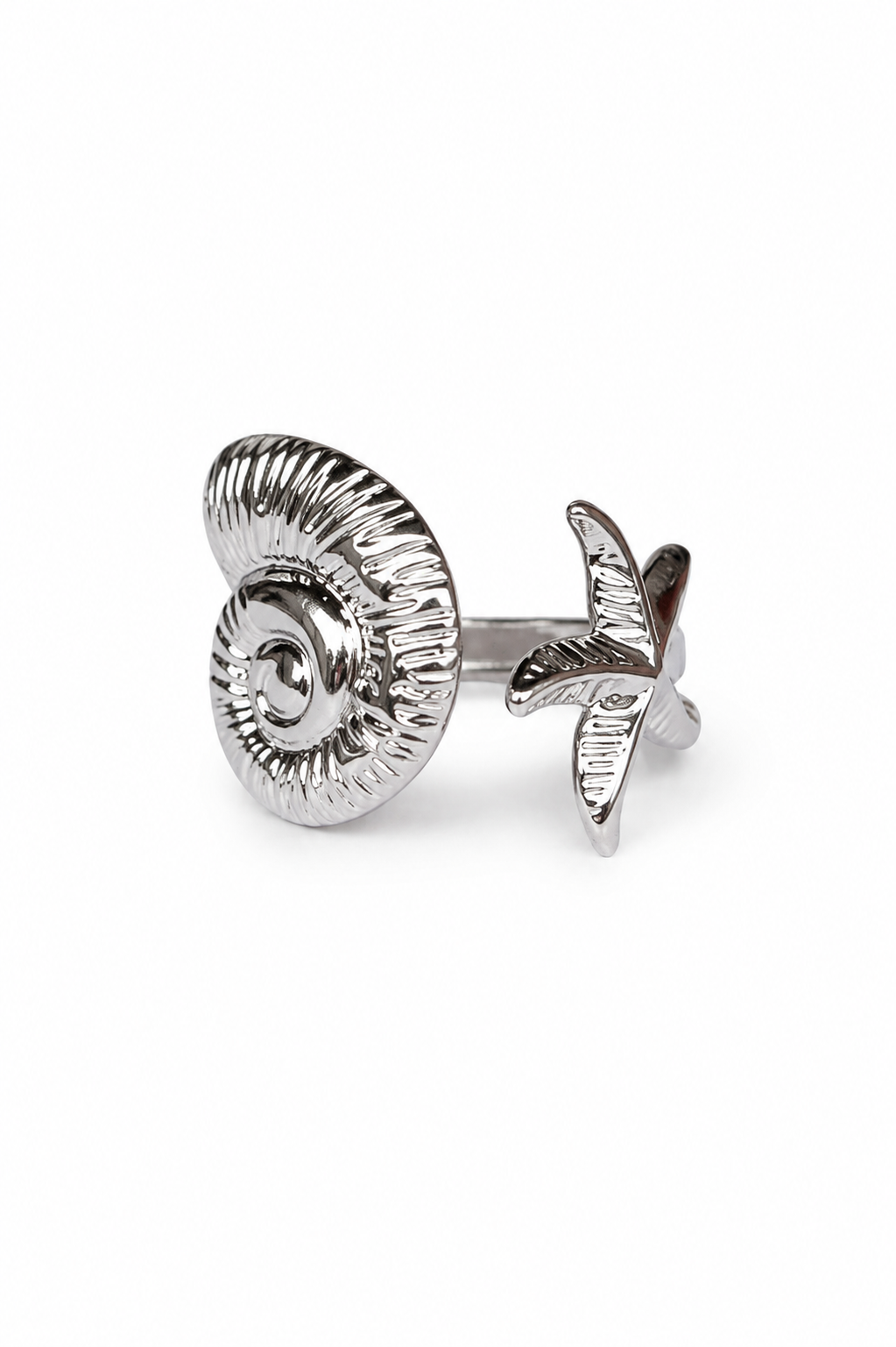 Eternos Acessórios - Anel Feminino Concha Caracol e Estrela Regulável em Aço Inox 316L