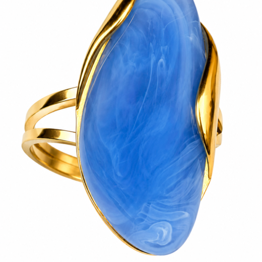 Anel Feminino Pedra Azul Claro Dourado Regulável em Aço Inox 316L