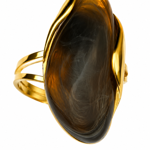 Anel Feminino Pedra Âmbar Dourado Regulável em Aço Inox 316L