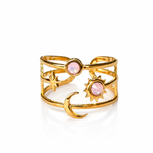 Anel Feminino Constelação Rosa Regulável Dourado em Aço Inox 316L