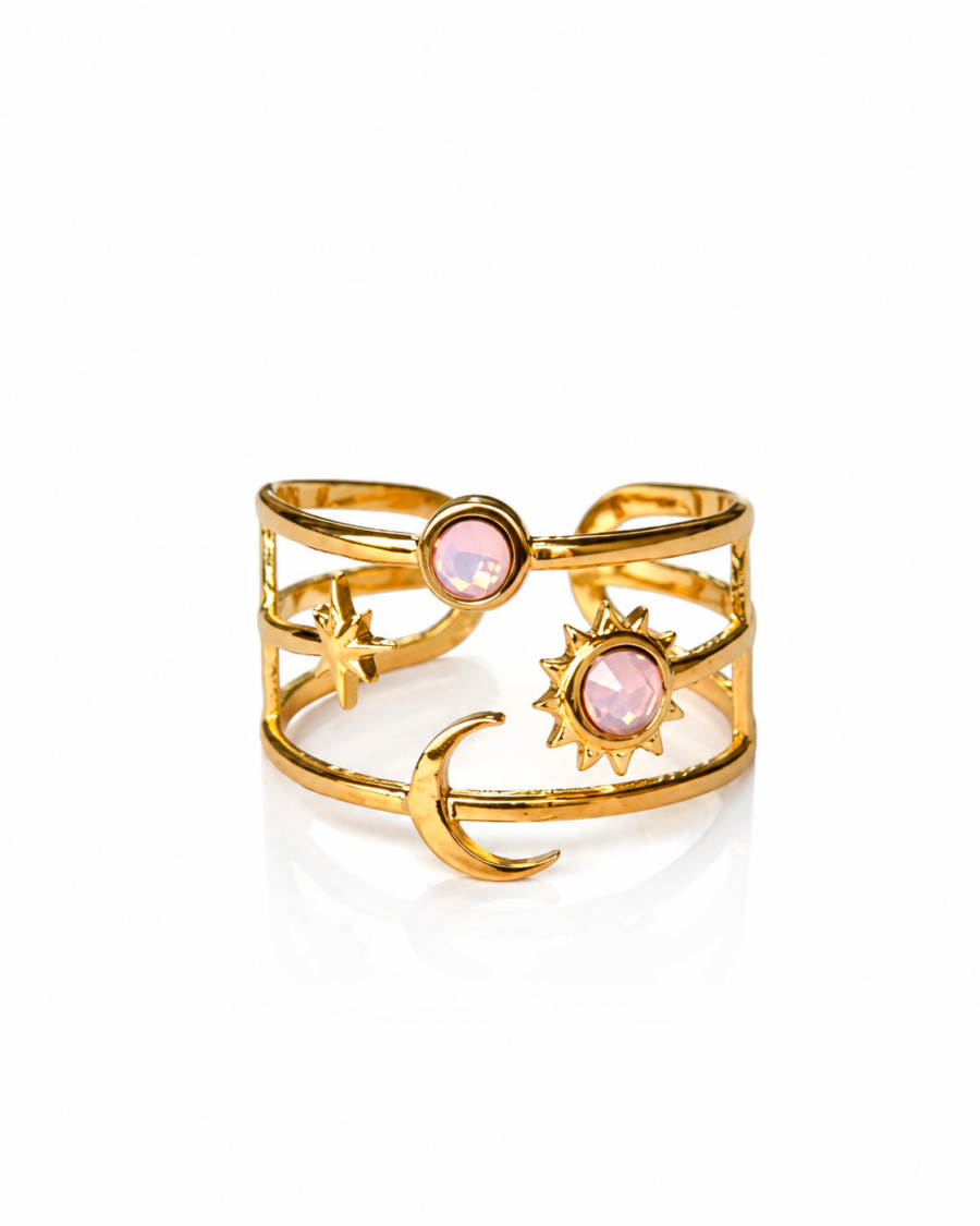 Eternos Acessórios - Anel Feminino Constelação Rosa Regulável Dourado em Aço Inox 316L