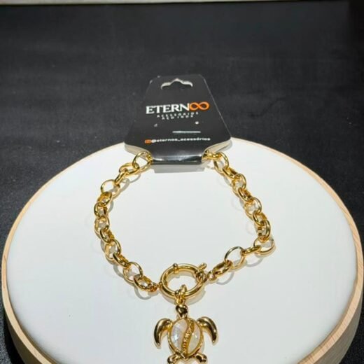 Pulseira Feminina Elo Português Tartaruga Marinha Madri Pérola Dourado em Aço Inox 316L