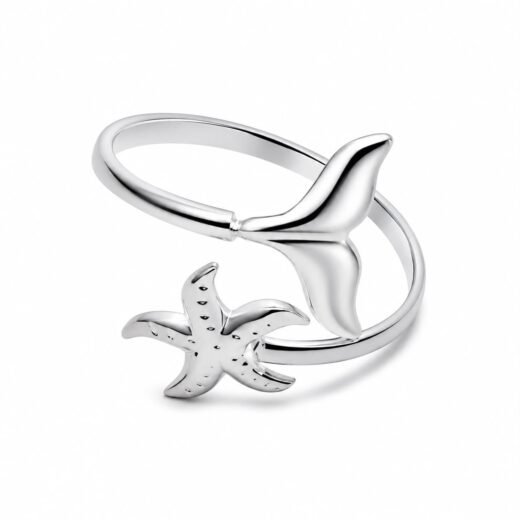 Anel Feminino Aço Inox 316L Regulável Cauda de Sereia e Estrela Do Mar