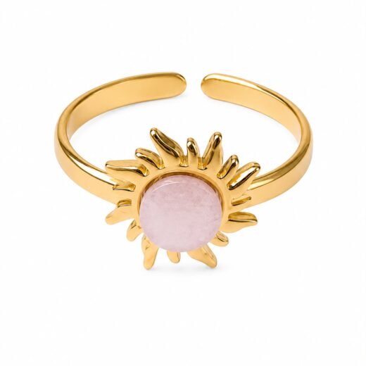 Anel Feminino Aço Inox 316L Dourado Regulável Sol Rosa