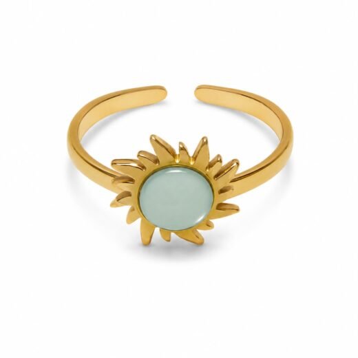 Anel Feminino Sol Verde Regulável Dourado em Aço Inox 316L