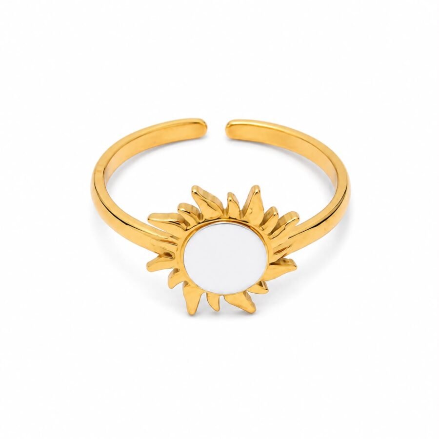 Eternos Acessórios - Anel Feminino Aço Inox 316L Dourado Regulável Sol Branco