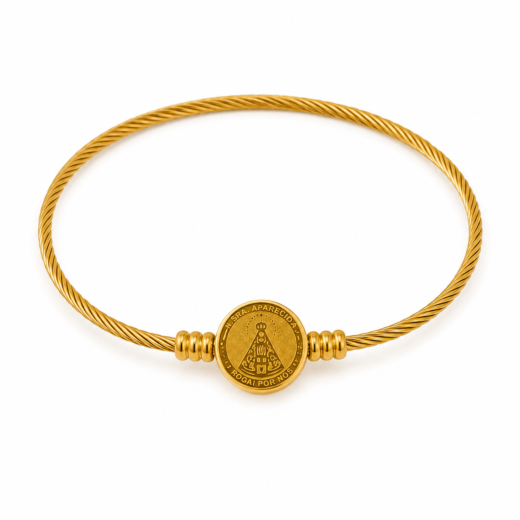 Bracelete Feminino Cabo de Aço Aparecida Dourado em Aço Inox 316L