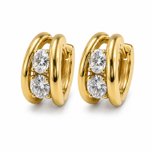 Brinco Feminino Argola Dupla Fusion com Cristal Dourado em Aço Inoxidável 316L