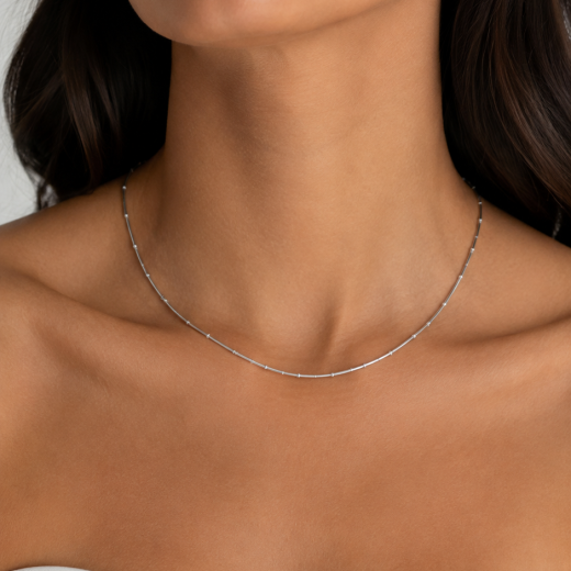 Colar Feminino Bolinhas Finas Gargantilha Regulável em Aço Inoxidável 316L