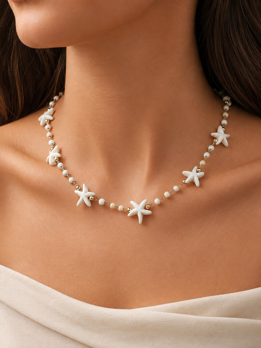 Eternos Acessórios - Gargantilha Feminina Bolinhas com Estrela Marinha e Pérolas Dourada Coleção Pérola do Mar
